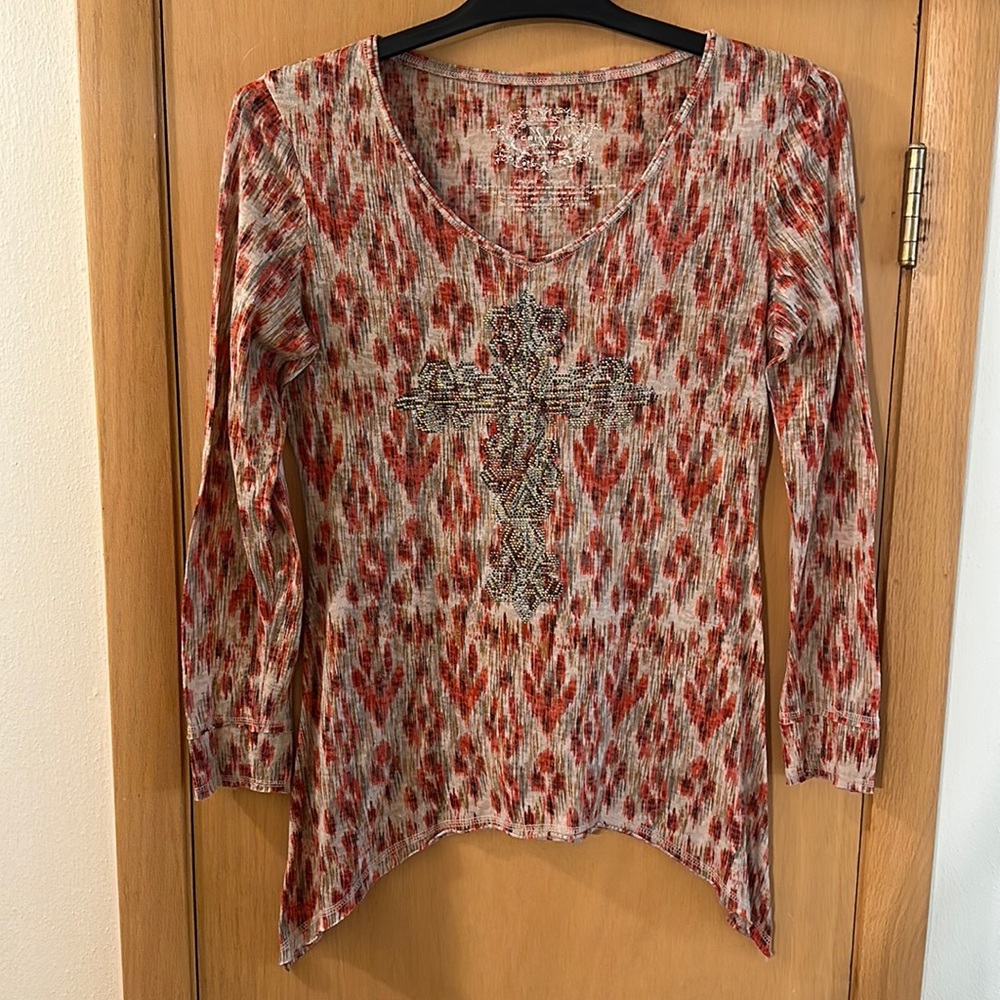 Christina V Women’s Y2K Cross Rhinestone Long Sleeve Top Red Tan Size Large